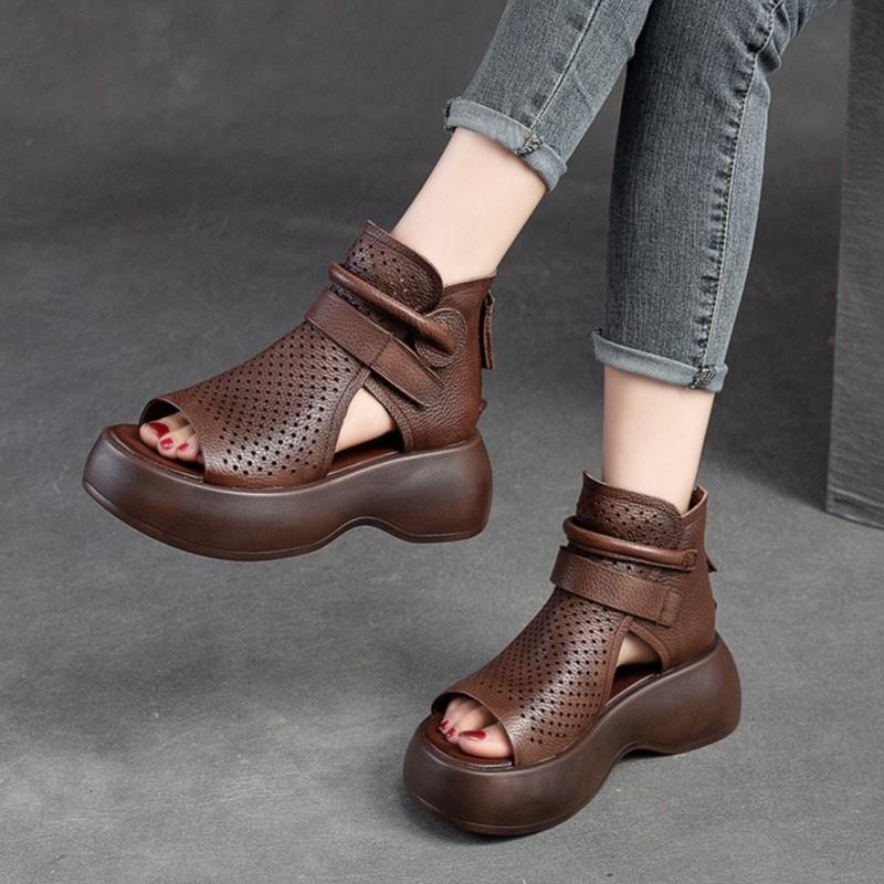 Летние сандалии с открытым носком на толстой подошве, женские дышащие удобные туфли на платформе из натуральной кожи с открытым носком