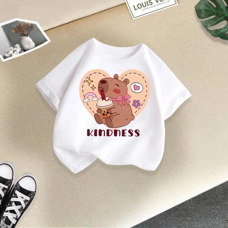 Summer Girls' Short-Sleeved T-shirt Children's round Neck Loose Fit Cute Stylish Capybara Print Casual Top for Kids Modal