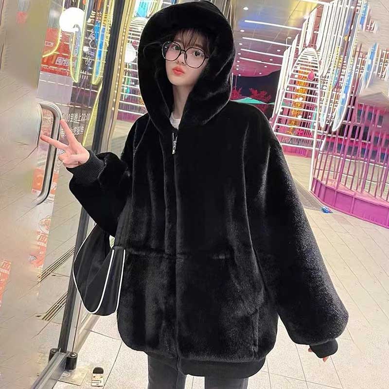 Korean Imitation Rex Rabbit Fur Coats Female Winter Warm Long Thickened Hooded Lamb Wool Cashmere Coat
