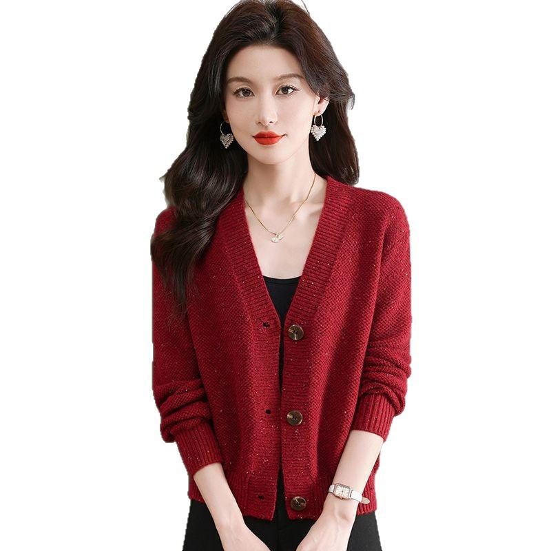 Women's V Neck Knit Cardigan Autumn Winter New Fashion Loose Minimalist Versatile Short Sweater Coat