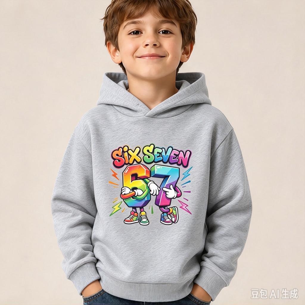 2026 New Autumn/Winter Christmas Boys' Rainbow Pattern Cartoon Hoodie "SIX SEVEN 67" - Trendy Streetwear