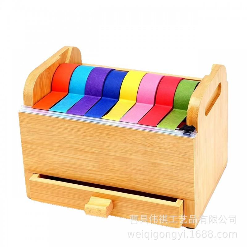 Bamboo Desktop Tape Organizer With Drawer Washi Masking Storage Shelf Journaling Supplies