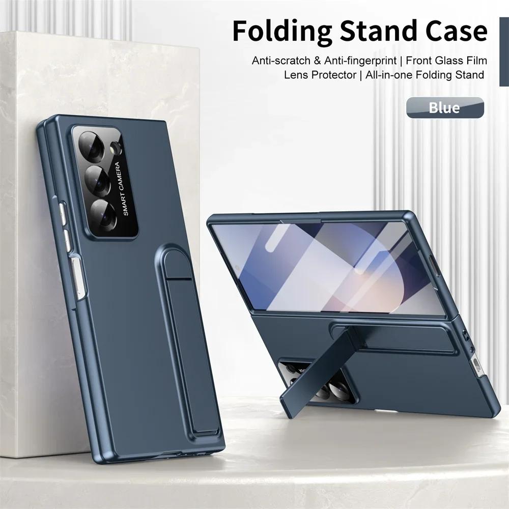 Чехол для телефона Samsung Galaxy Z Fold 7 6 5 4 3, пластиковый, жесткий, нескользящий, с ощущением кожи, легкая роскошь, ударопрочный, со скрытой подставкой, защитный