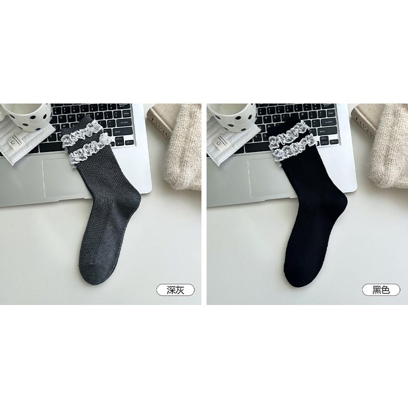 Double layered lace lace combed cotton pile socks for women in spring and autumn, comfortable, high elasticity, versatile, Japanese socks