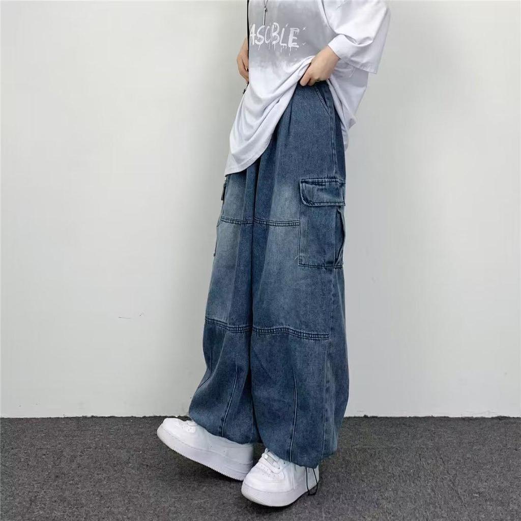 2025 Japanese Retro Loose Wide-Leg Workwear Jeans with Large Pockets