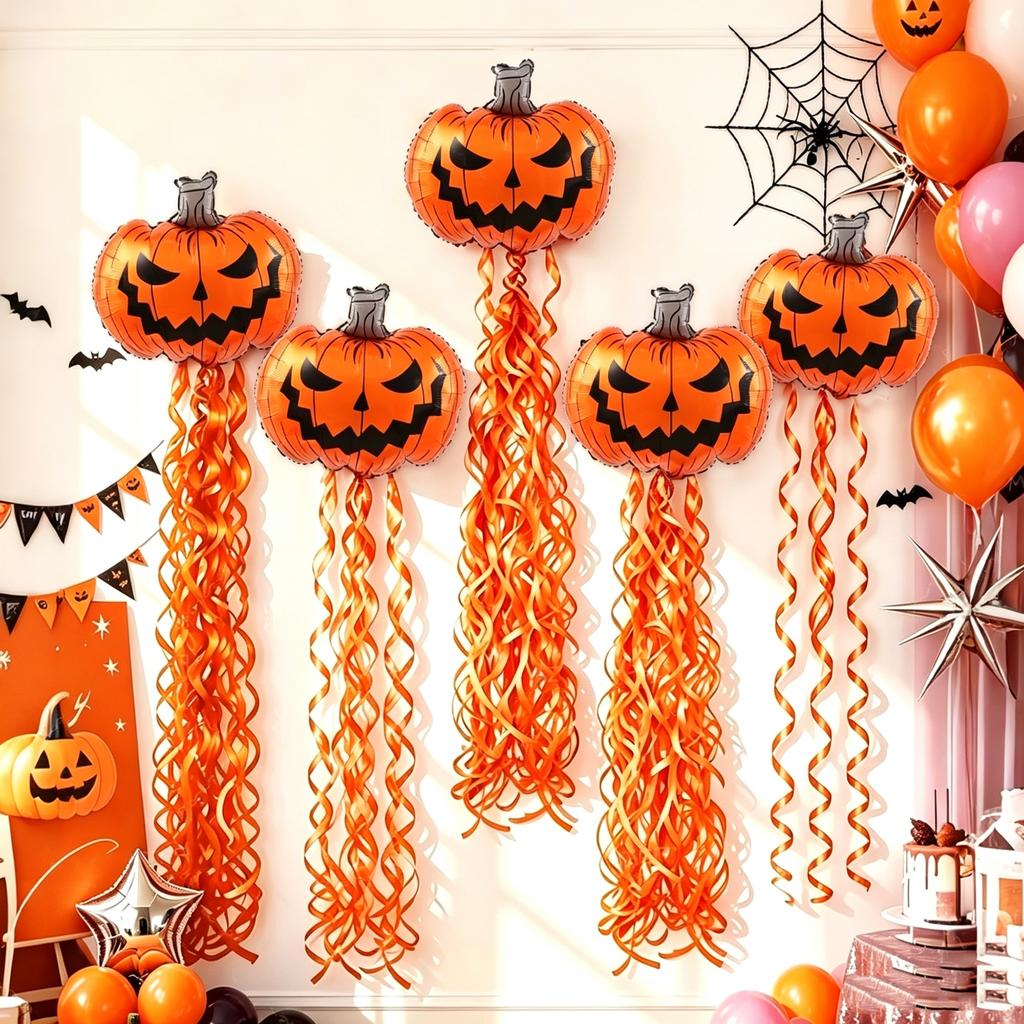 Halloween Decoration, Scary Pumpkin Balloons and Spiral Tassel Rain Curtain Set, Suitable for Halloween Parties, Birthday Parties, Photography Props
