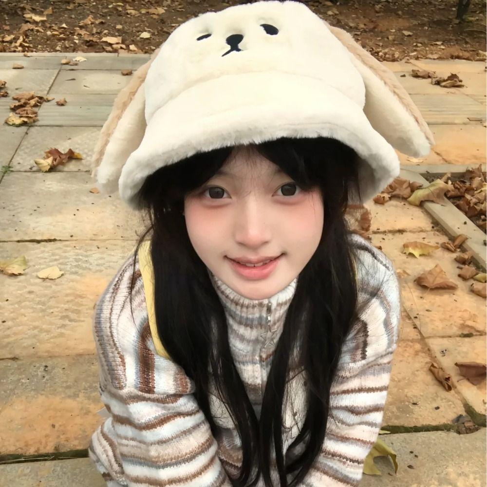 Korean Doggie Ear Bucket Hat Warm Women Plush Hats Cute Oversized Puppy Hat  Girls