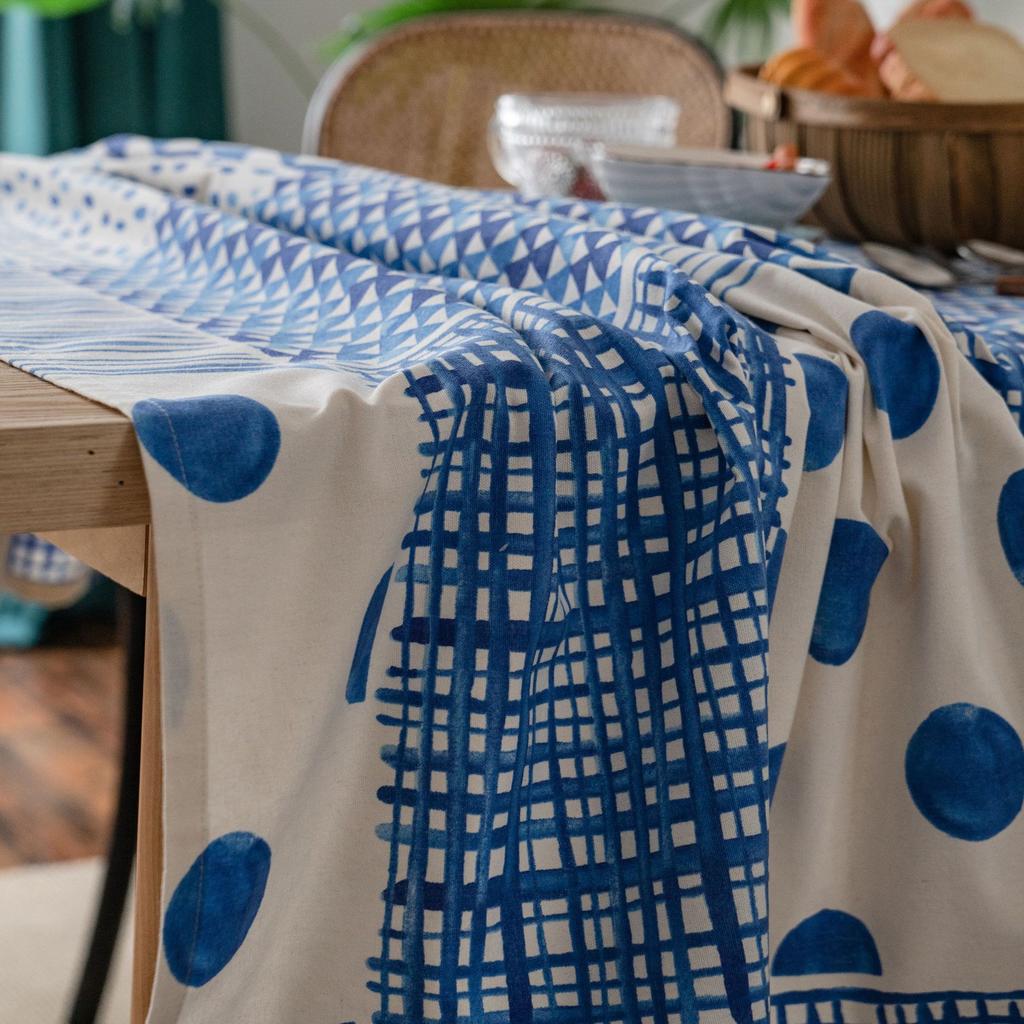 Tablecloth Blue Splicing Geometric Printing Simple Cotton and Linen Dining Table Cloth