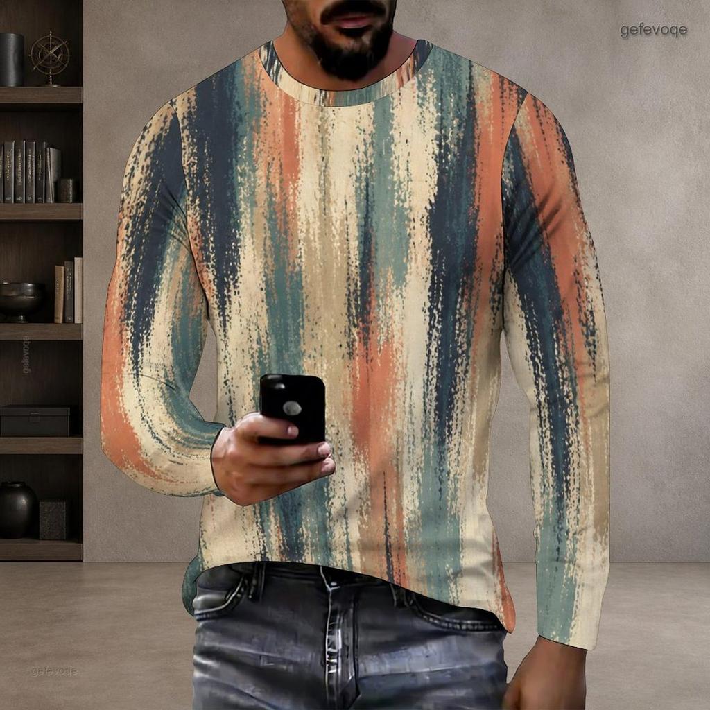 Men Plus Size Round Neck Long Sleeve Abstract Printed Casual T Shirt