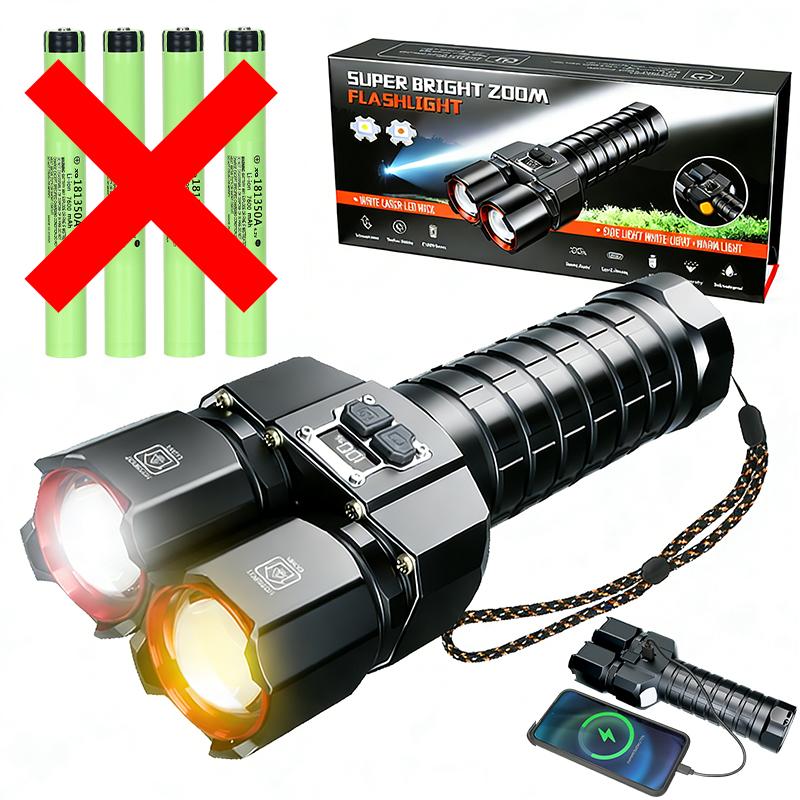 Powerful Dual Light Source LED Flashlight USB Rechargeable Zoom White Yellow Torch Long Range Flashlight With 4*181350 Battery