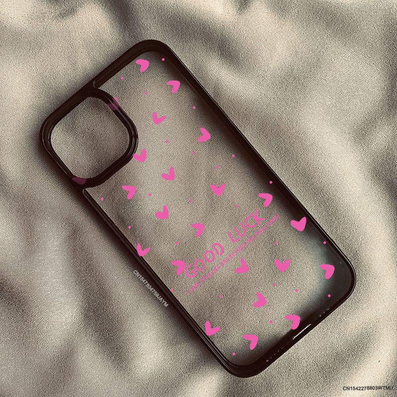 Fashion Pink Little Love Heart Phone Case For iPhone 17 Pro 15 16 14 13 12 11 XR XS Max 7 8Plus Cute Good Luck Clear Hard Cover