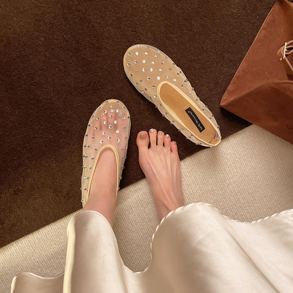 Mesh Rhinestone Mary Jane Single Shoes Women's Spring and Summer New Shallow Mouth Versatile Ballet Shoes Fashionable Large Size Sandals