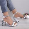 Fashion Summer New Chunky Sandals Women's Round Head Open Toe Printed Metal Buckle with A Line with Non-slip High Heels