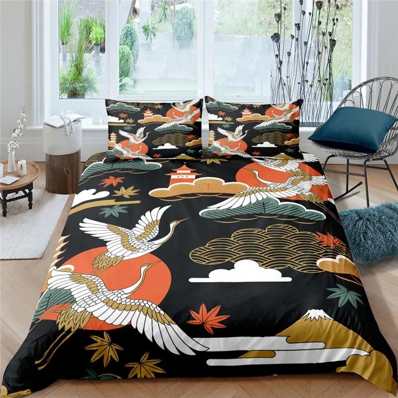 Пододеяльник с японским журавлем King Queen Size Wave Flower Ukiyo-e Style Комплект постельного белья Восточная культура 2/3 шт. Полиэстеровый пододеяльник