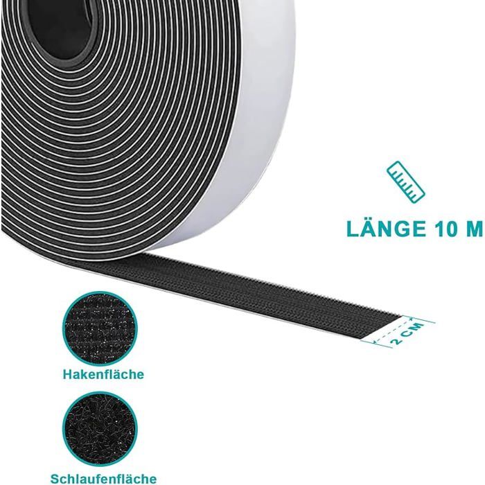 Bande scratch adhésive double face - ANNEFFLY - 10 m x 20 mm - Adhésion extra-forte - Sans résidu - Noir