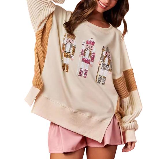 Women Christmas Sweatshirt Sequin Cartoon Pattern Slit Hem Colorblock Round Neck Long Sleeve Loose Mid Length Pullover Party Holiday Top