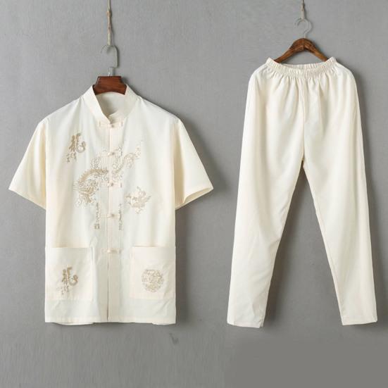 2 шт./компл., повседневный костюм среднего возраста, китайский стиль, узор дракона, воротник-стойка, короткий рукав, однобортный топ, комплект с длинными брюками с эластичной резинкой на талии