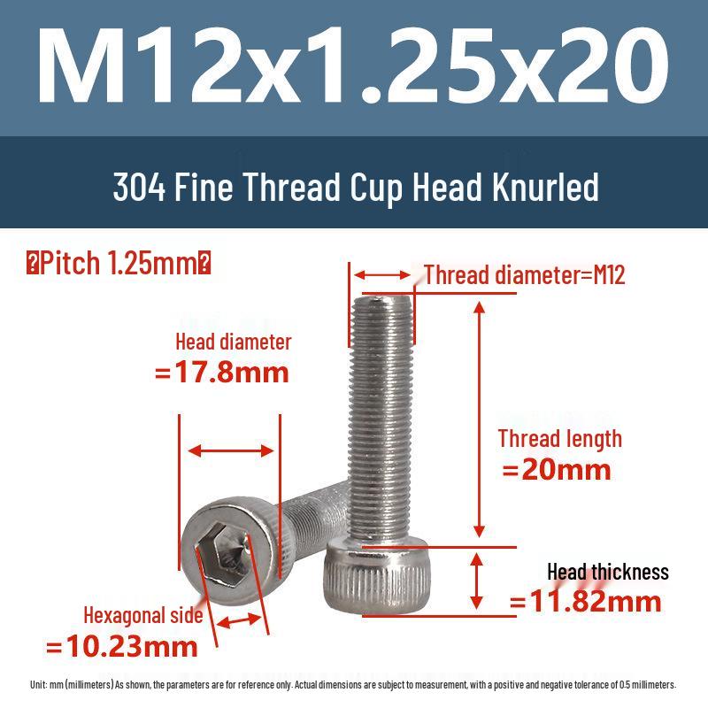 Yigu Fine Thread Knurled Socket Head Screws, 304 Stainless Steel, M3-M12