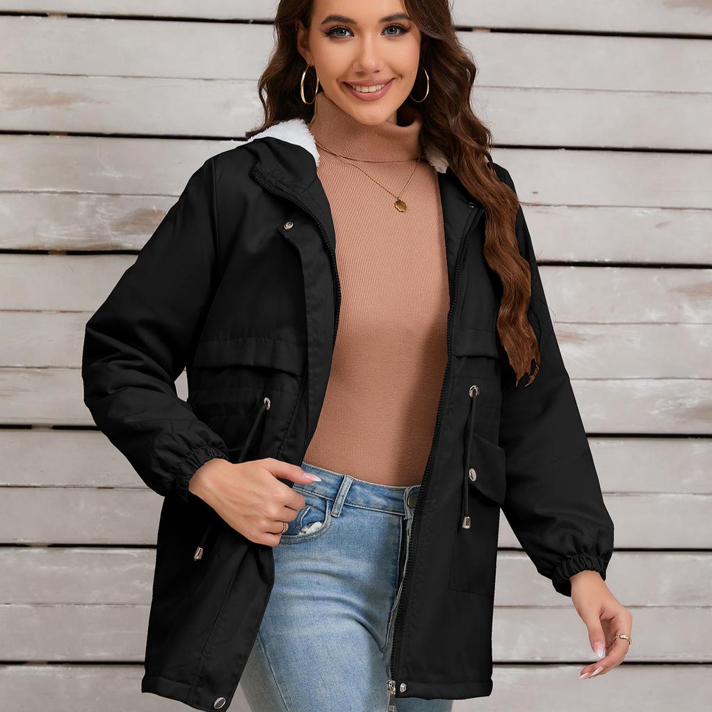 Женское зимнее пальто с капюшоном, куртка-парка с длинными рукавами и карманами, теплая повседневная куртка на молнии с подкладкой из флиса, ветрозащитная ветровка для женщин