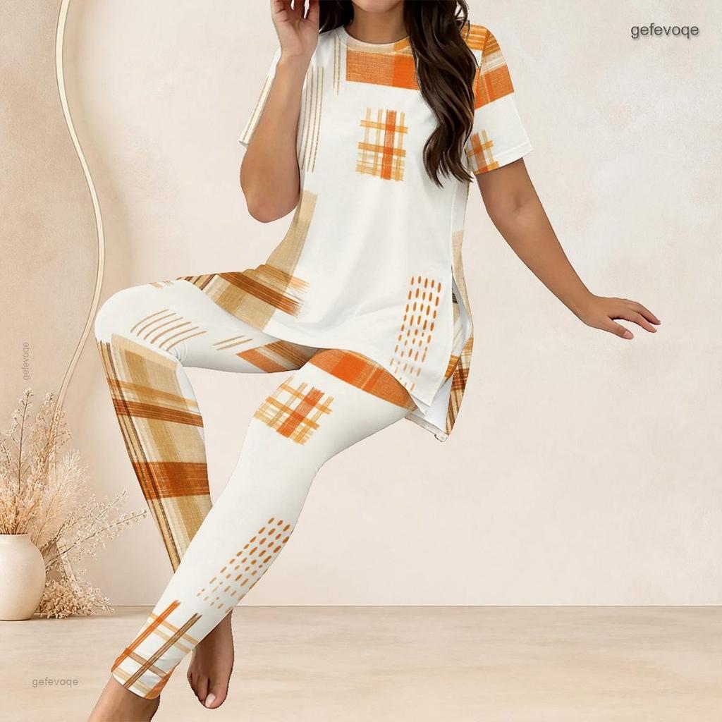 Women Plus Size Two Piece Set Round Neck Short Sleeve Side Split Printed Top Fitted Pants