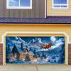 A polyester banner for a Christmas garage door featuring Santa Claus giving gifts in the night sky suitable for Christmas