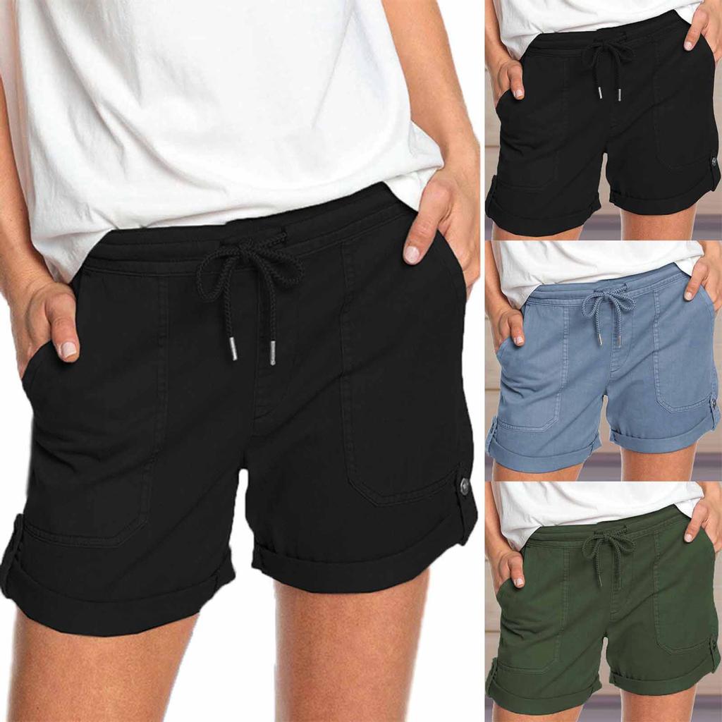 Womens Comfy Drawstring Solid Color Casual Elastic Waist Pocket Shorts Pants
