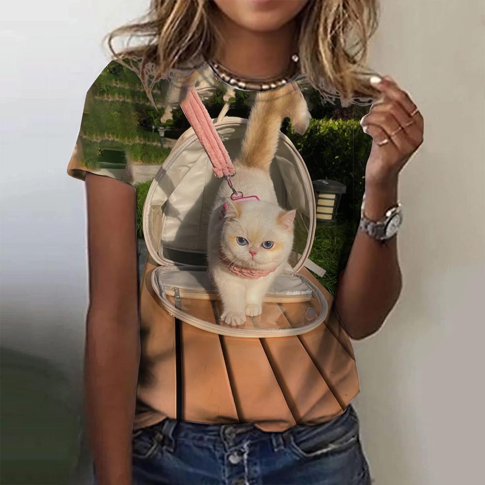 Популярная женская футболка с 3D-принтом, кошка, летняя мода, короткий рукав, круглый вырез, уличная одежда, повседневный топ в стиле Харадзюку