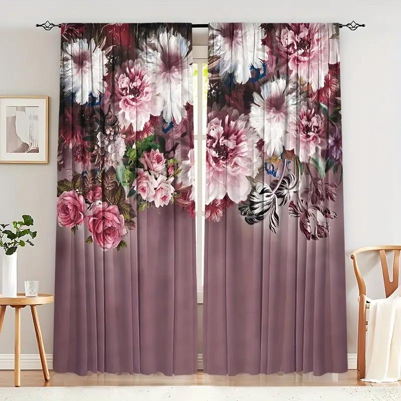 Комплект из 2 шт. Элегантный цветочный и растительный узор для штор с карманами для уединения и декора в гостиной, спальне, кухне