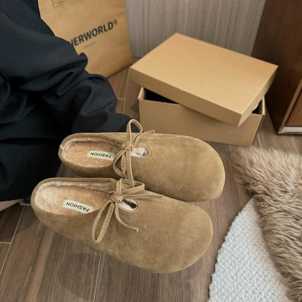 Fashion Shoes Woman 2024 Female Slippers Cover Toe Flock Low New Soft Flat Rubber Autumn Slides Rome Retro Fabric PU Hoof Heels Casual