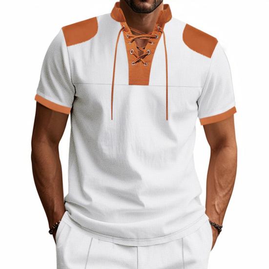 Мужская рубашка с V-образным вырезом на бретелях, цветная футболка с коротким рукавом в вафельную клетку, повседневная летняя футболка для повседневной вечеринки, офиса, путешествий