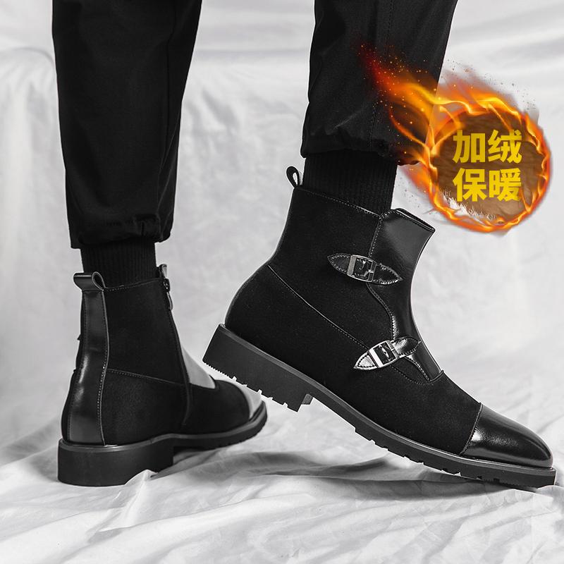 Winter Warm Plush Men's Trendy Leather Business Short Boots British Style Ankle Boot Mens Latest Trend Buckle Zip Chelsea Shoes