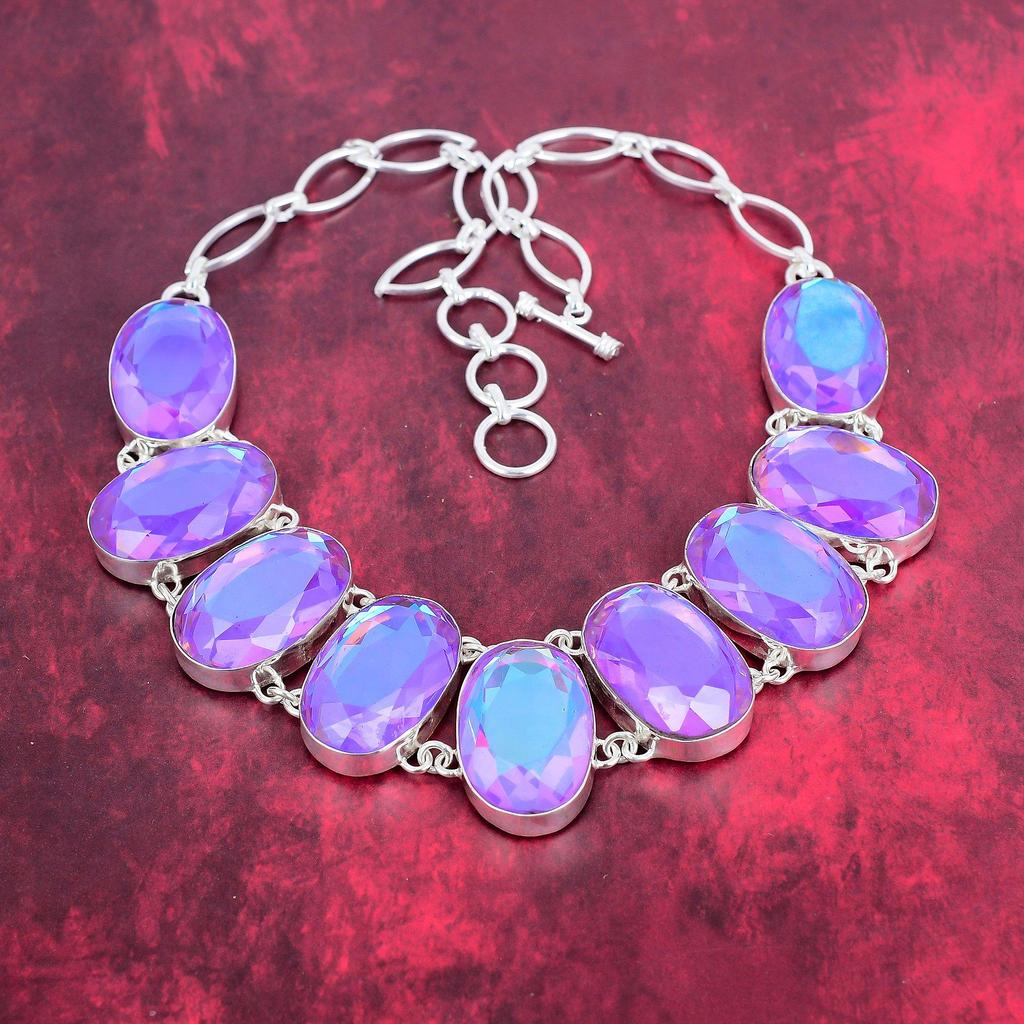 Mystic Topaz 925 Solid Sterling Silver Necklace, Handmade Gemstone Jewelry Necklace, For Memorial Day