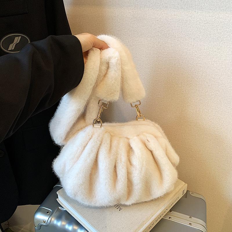 Korean Pleated Cloud Plush Shoulder Bag Soft Faux Fur Crossbody Bag Autumn And Winter Trend Handbags For Women Gifts