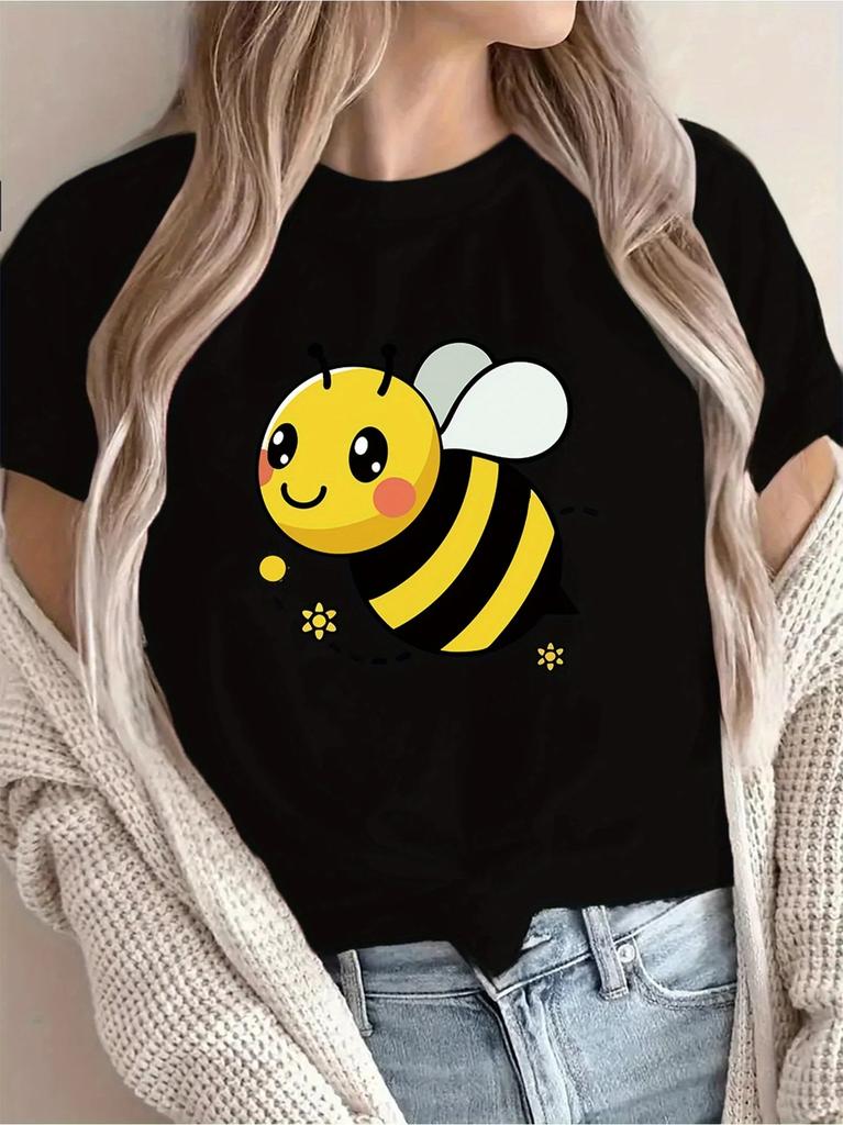 1pc Love Cartoon Bee Printed Breathable Round Neck Tshirt Summer Round Short Sleeves for Both Men and Women
