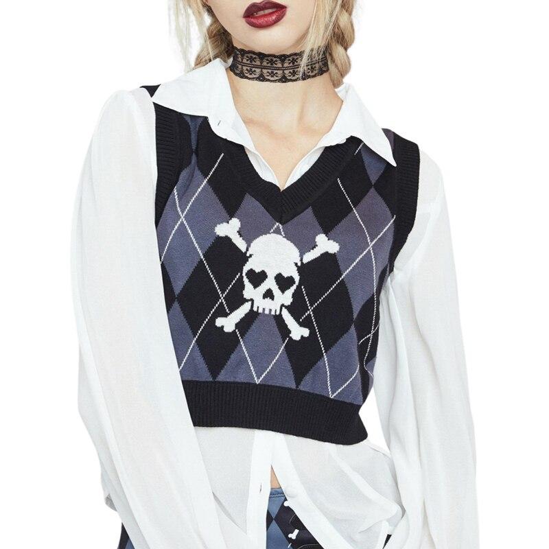 Gothic Skull Print Trui Vest Harajuku Punk Sexy V-hals Mouwloze Copped Tops Grunge Autume Winter Vrouwen Gebreide Tops