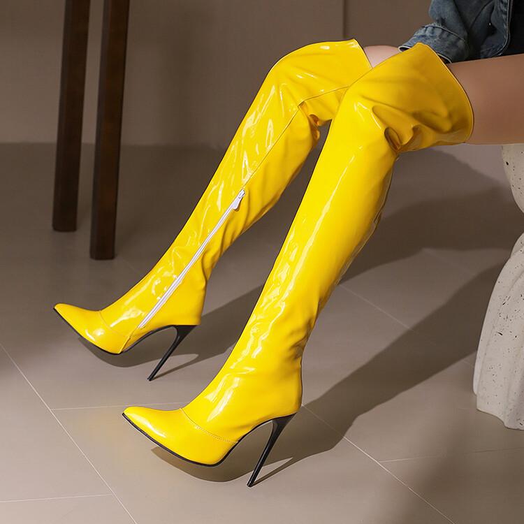 Women Patent Leather Over the Knee Boots Purple Stiletto High Heels Shoes Red Pointed Toe Warm Lady Sexy Party Thigh Boots