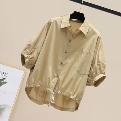 Женская летняя дышащая повседневная рубашка однотонная удобная с коротким поясом топы