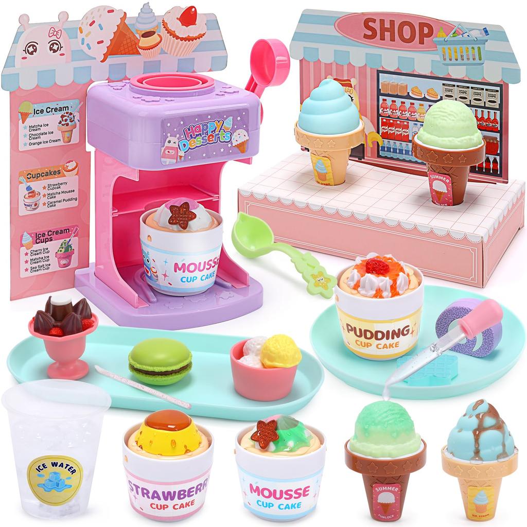 Cute Stone Ice Cream Shop Play Educational Ice Pretend Birthday Preschool Entry Gift Set, 44-Piece Set, Toy, 2-in-1 Play, DIY, Color-Changing
