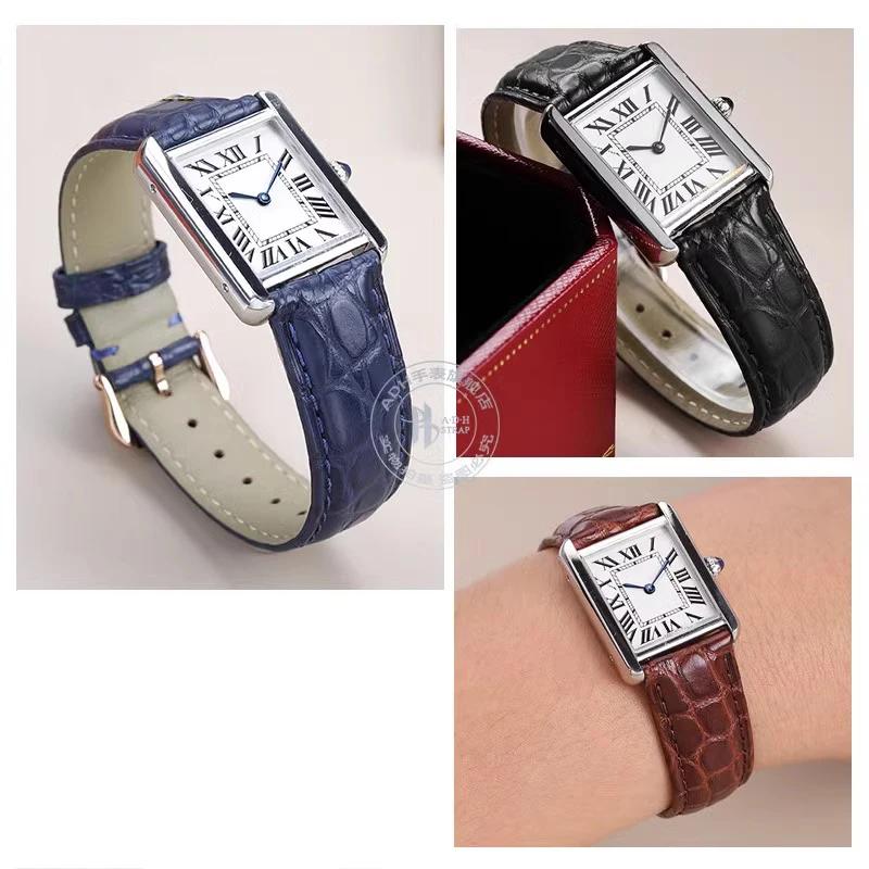 Ремешок для часов из кожи аллигатора для Tank de Cartier W5200005 WSTA0030 17 мм 18 мм 19 мм 20 мм 21 мм 22 мм Черный Коричневый Синий Крокодиловый Ремешок