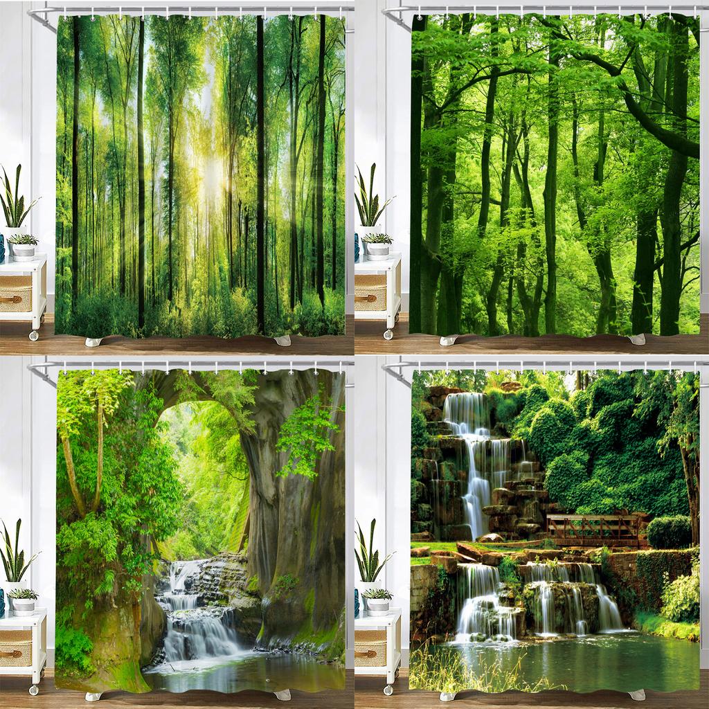 Modern 3D Printing Forest Shower Curtain Green Plant Tree Landscape Bath Curtain With Hooks For Bathroom Waterproof Scenery