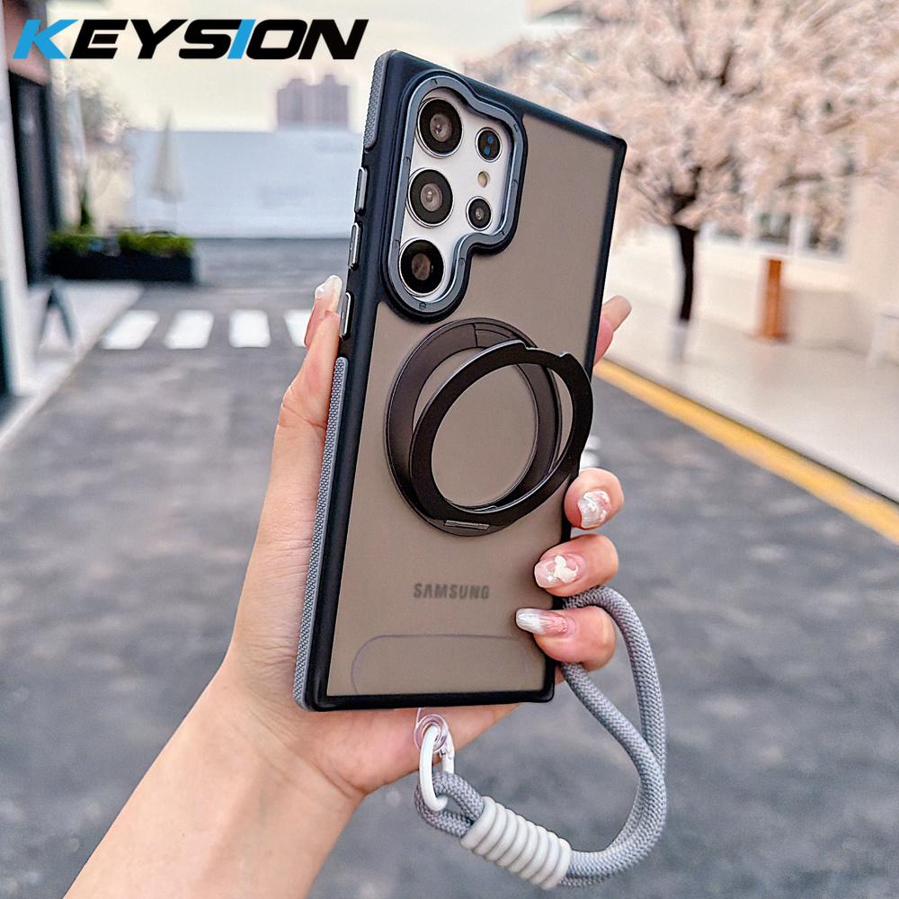 KEYSION Магнитный чехол для телефона с кольцом-подставкой 360° для Samsung Galaxy S23 S24 Ultra 5G S24+FE Матовый полупрозрачный с ремешком Ударопрочный чехол