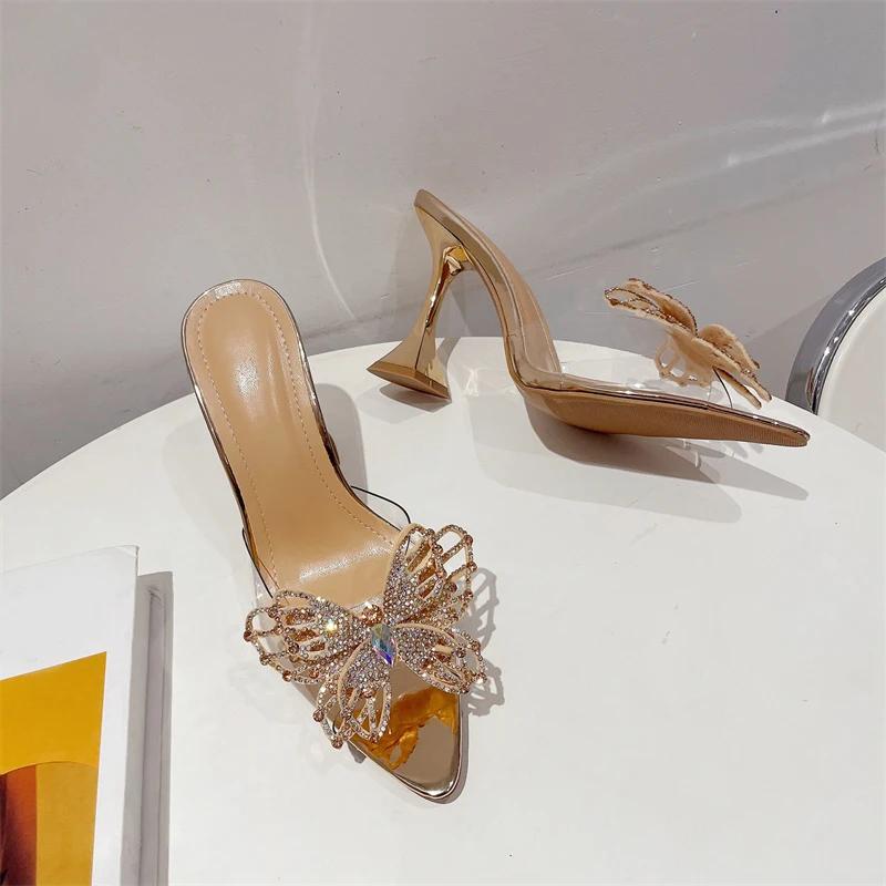 Женские прозрачные тапочки из ПВХ, модные сексуальные летние босоножки с открытым носком и стразами, с бантом, с острым носком, на высоком каблуке, для выпускного вечера