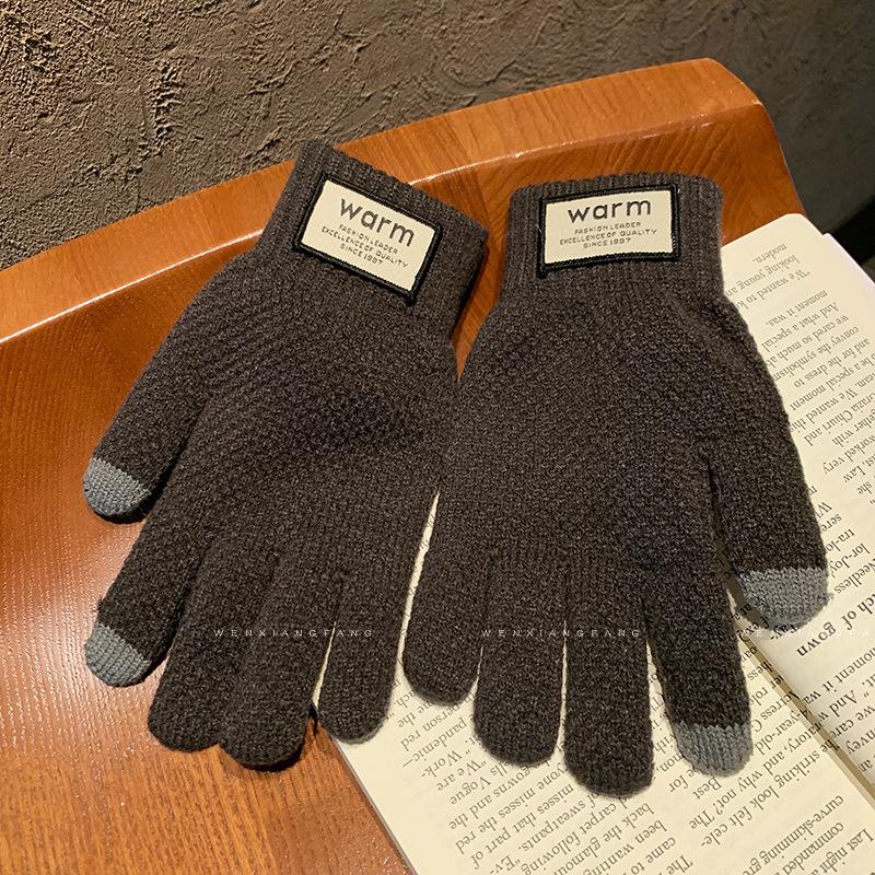 Зеленые вязаные шерстяные перчатки для женщин на зиму Корейская версия Утепленные Теплые Защита от холода для езды на велосипеде Пятипалые Сенсорные Пальцы Разделенные Пальцы Зимние