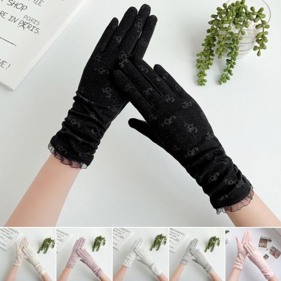 1 Pair Floral Print Anti-slip Palm Driving Gloves Full Finger Lace Stitching Wrist Extended Girls Outdoor Riding Sunscreen Mittens Cycling Accessories