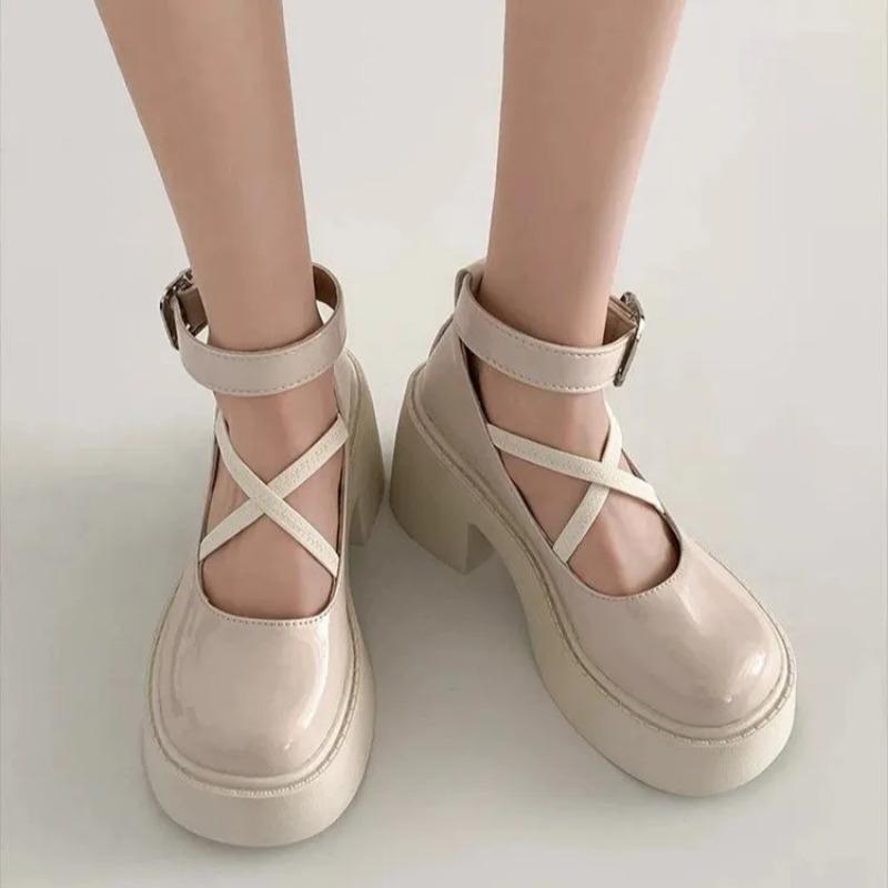 Chunky Platform High Heels Pumps Women 2025 Autumn Pu Leather Ankle Buckle Shoes Woman Thick Heeled White Lolita Shoes
