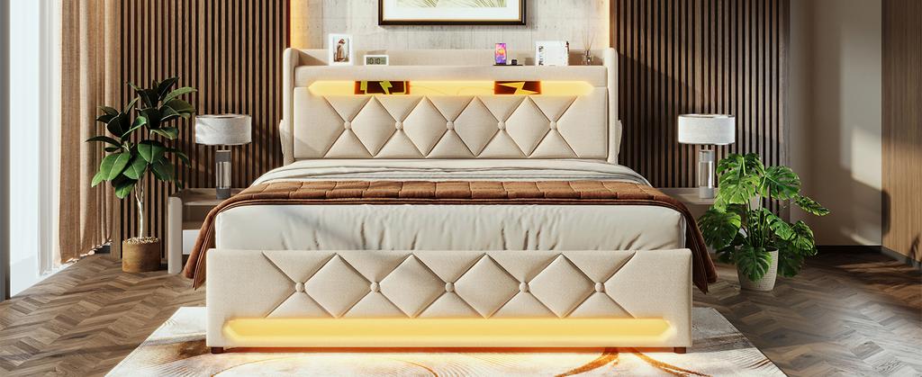 Upholstered double bed 140*190, headboard USB & Type C port, 360 surround LED around head & foot, hydraulic storage, beige, linen(without mattress)