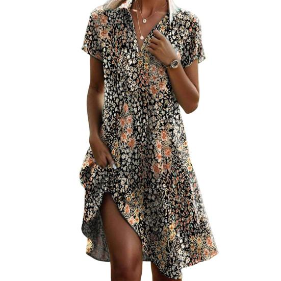 Женское платье в стиле бохо с цветочным принтом, летнее повседневное платье миди с V-образным вырезом и коротким рукавом, свободное платье-трапеция для пляжного отдыха