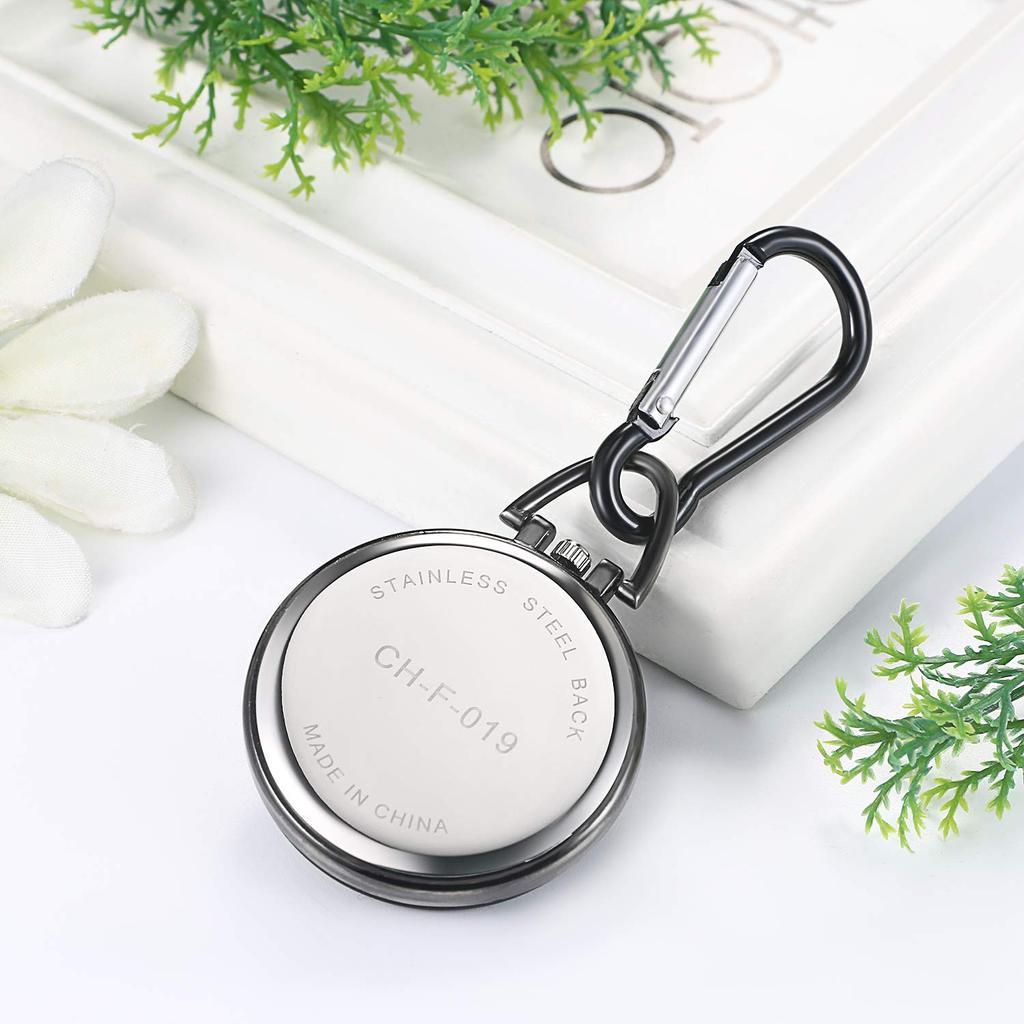 JEWELRYWE Nurse Watch Carabiner Clock Luminous Dial Clock Keychain Simple Bag Pocket Pocket Watch Silver