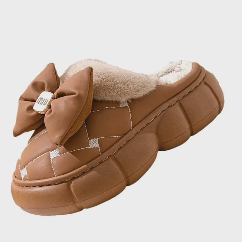 Женские зимние хлопковые тапочки с бантом на высоком каблуке - толстая подошва, плюс бархат, теплая повседневная одежда