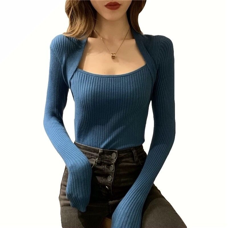 Женский свитер из пряжи с сердцевиной, новый свитер для носки под низ с квадратным вырезом, облегающий трикотажный свитер с длинными рукавами, женский внутренний топ